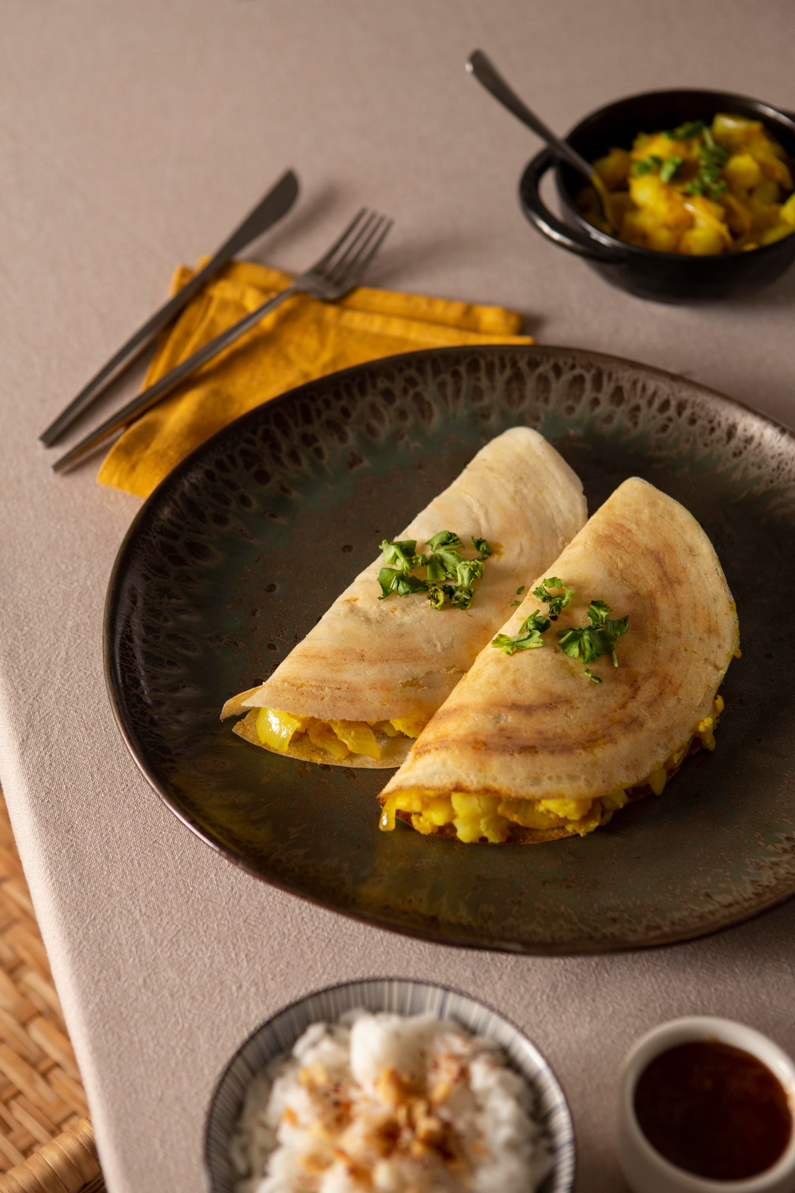 Crispy golden dosa served at Naivedhyam Cafe