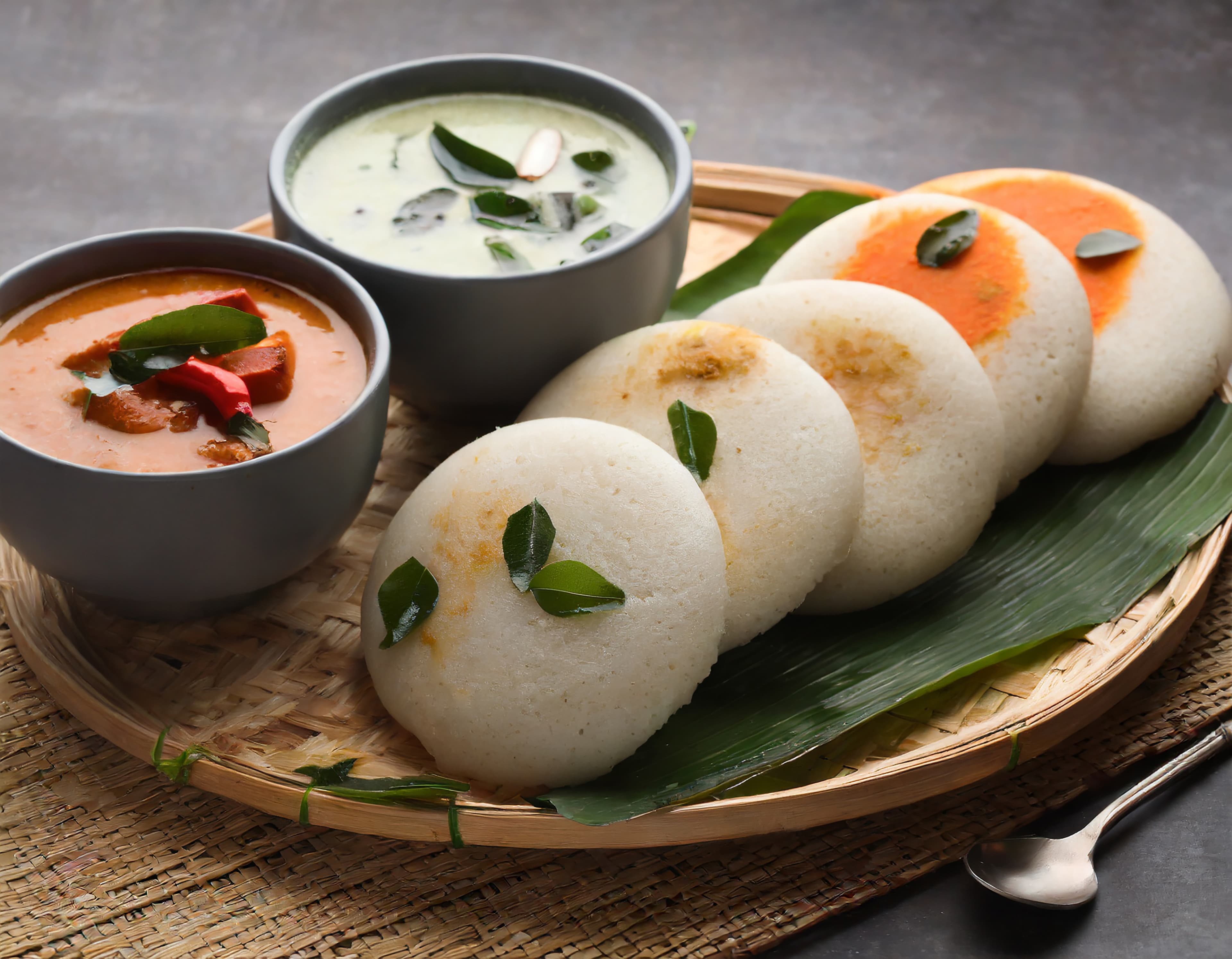 Idli with chutneys and sambar